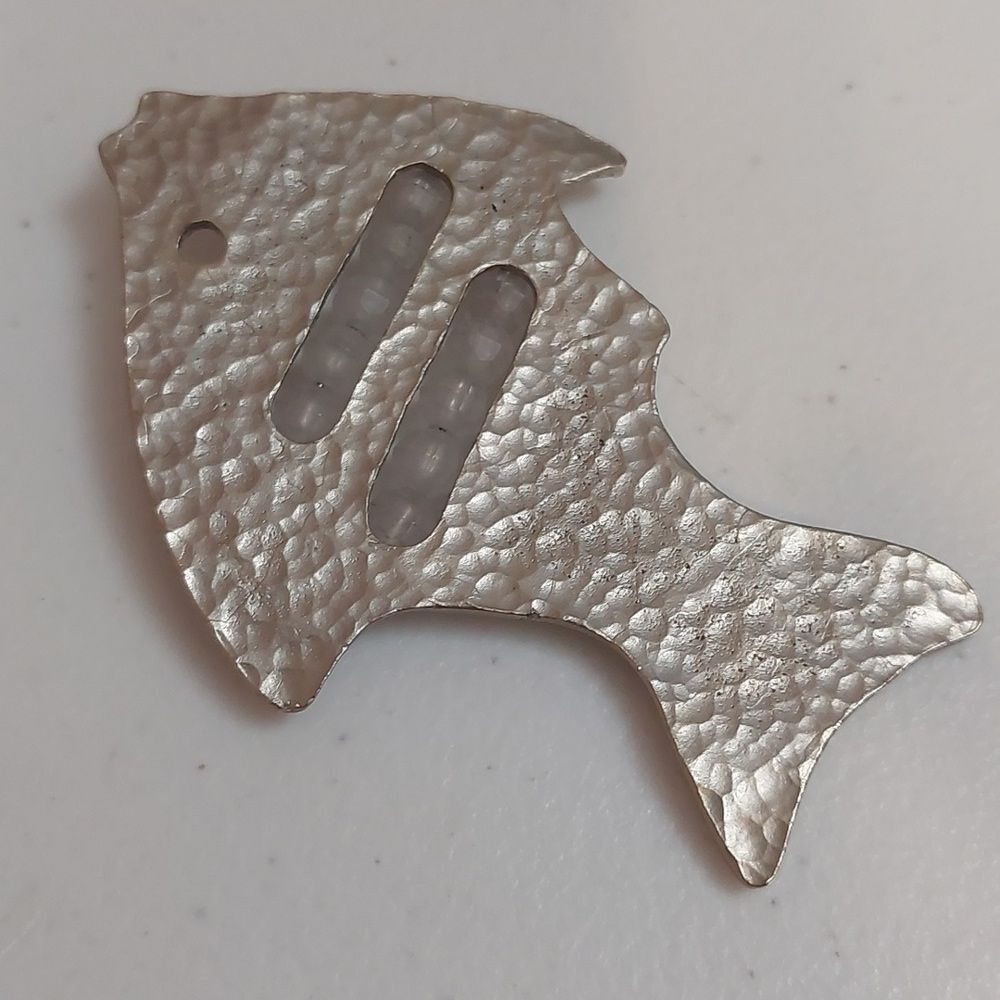 Vintage Artisan Hand Crafted Larged Hammered Fish Beaded Brooch Pin